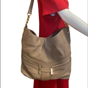 Michael Kors Jamesport large tan brown pebbled leather hobo shoulder tote bag